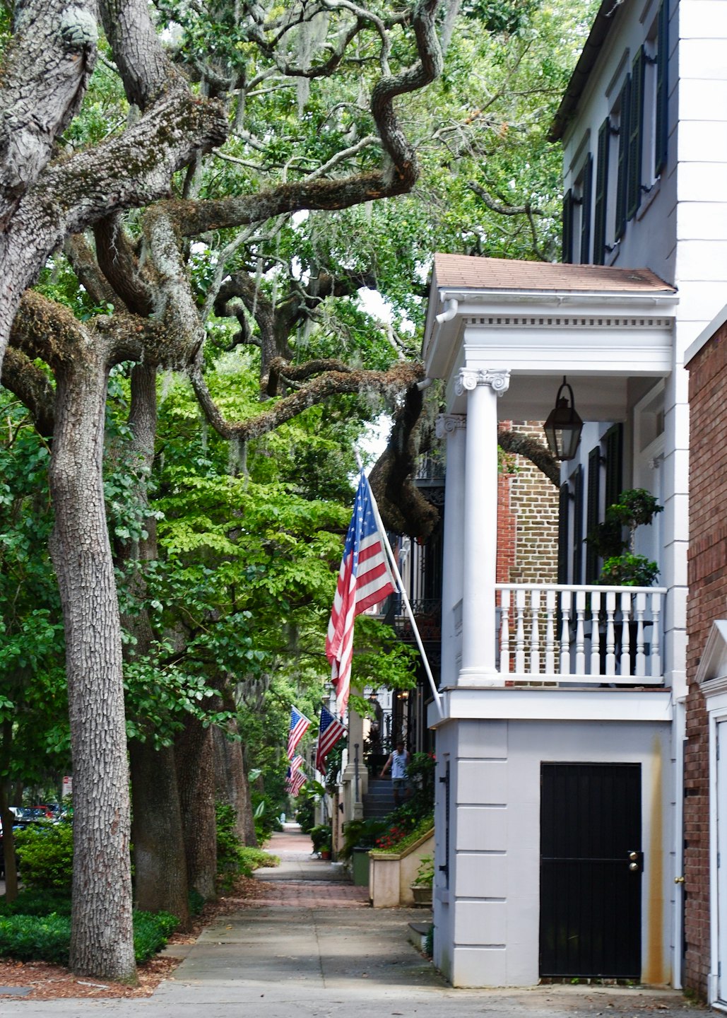 Historic houses with balconies line a street under leafy trees.